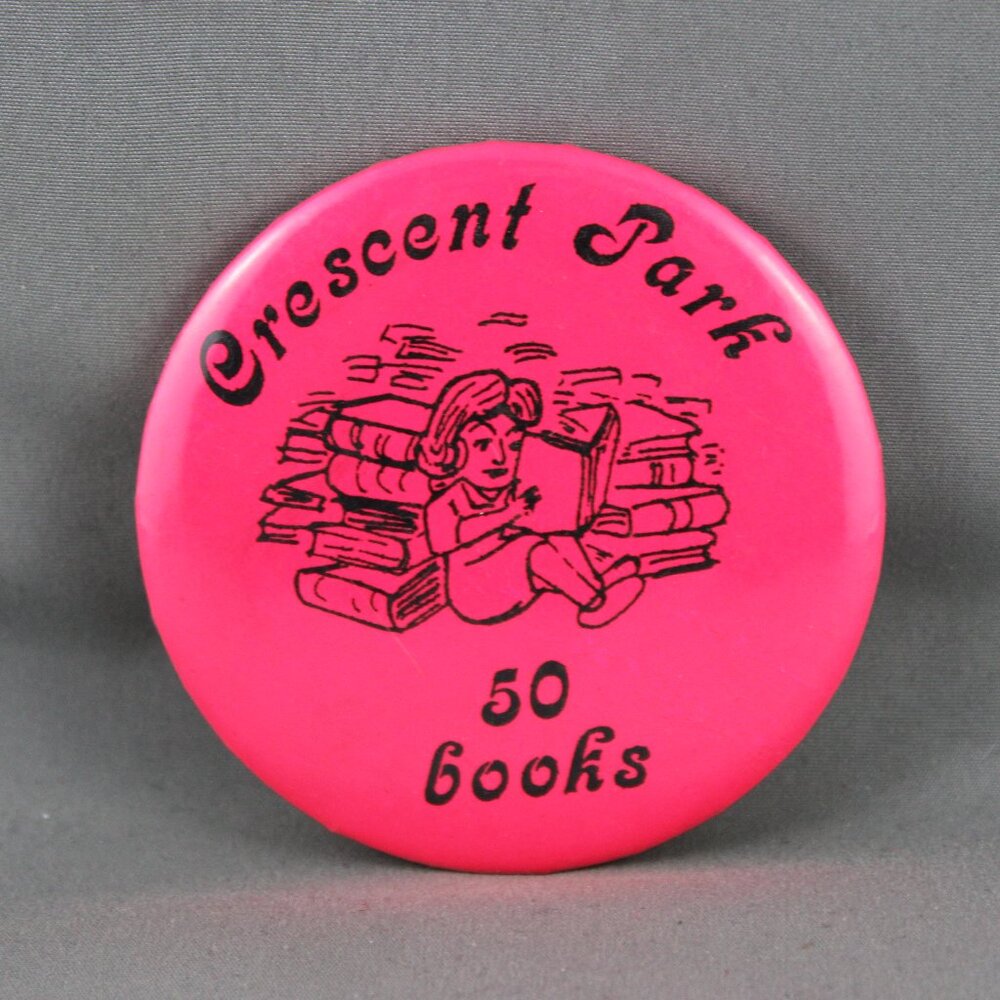 Vintage Library Pin - Crescent Park 50 Books - Celluloid Pin
